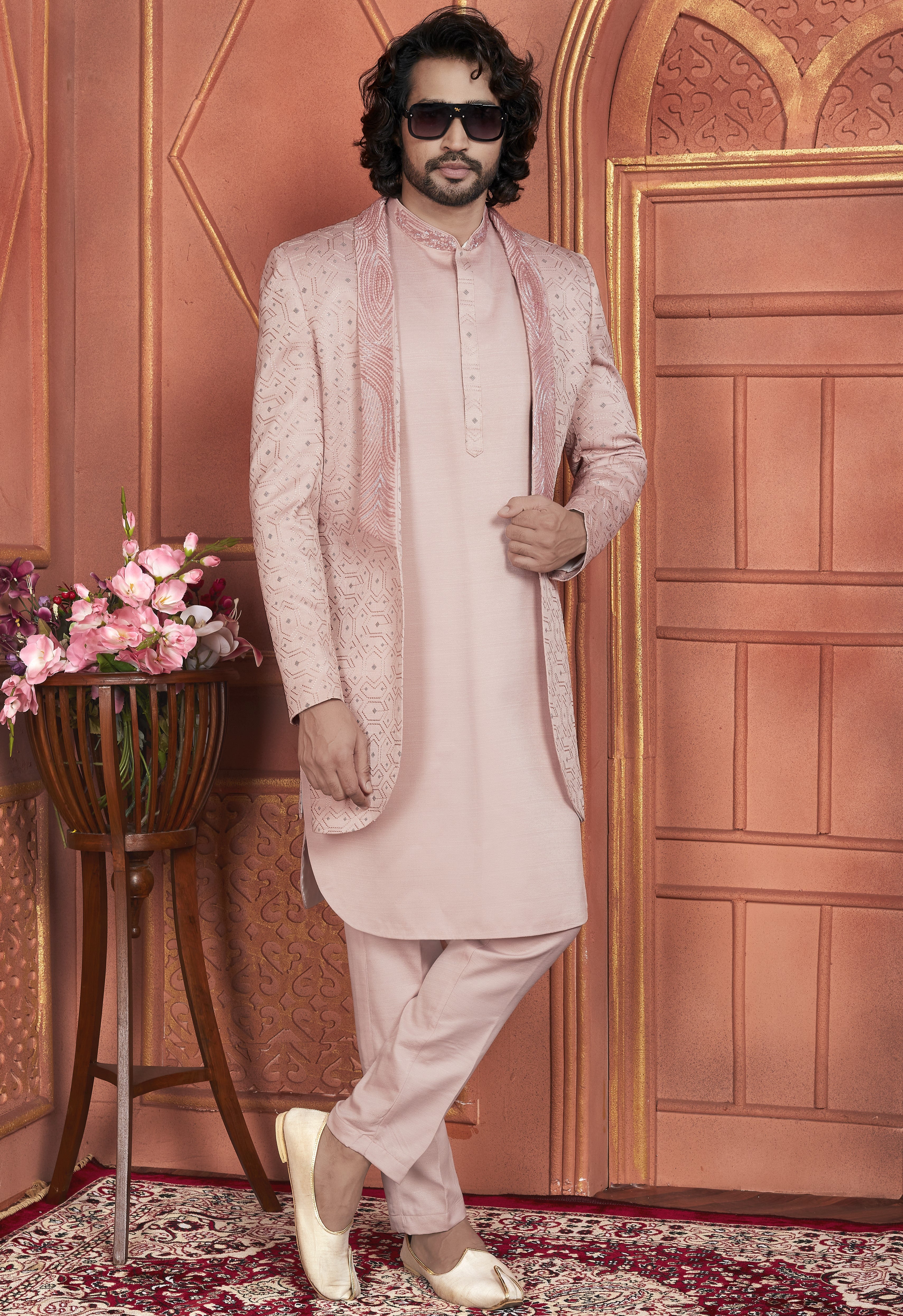 Peach Art Silk Indo Western Traditional Sherwani Kurta with Jacket & Pant for Men for Wedding - Thread Embroidery Work