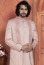 Peach Art Silk Indo Western Traditional Sherwani Kurta with Jacket & Pant for Men for Wedding - Thread Embroidery Work