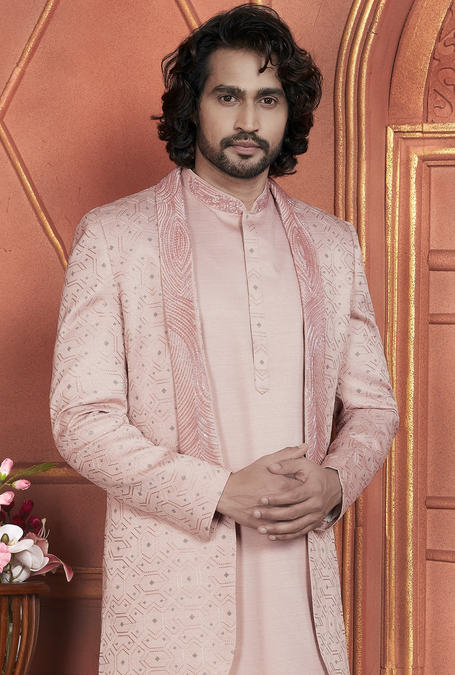 Peach Art Silk Indo Western Traditional Sherwani Kurta with Jacket & Pant for Men for Wedding - Thread Embroidery Work