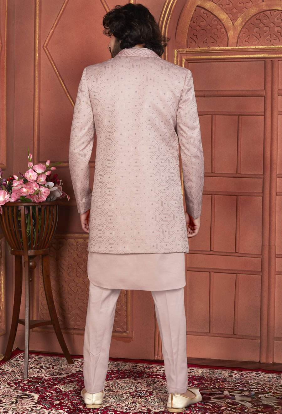 Peach Art Silk Indo Western Traditional Sherwani Kurta with Jacket & Pant for Men for Wedding - Thread Embroidery Work