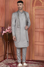 Gray Art Silk Indo Western Traditional Sherwani Kurta with Jacket & Pant for Men for Wedding - Thread Embroidery Work