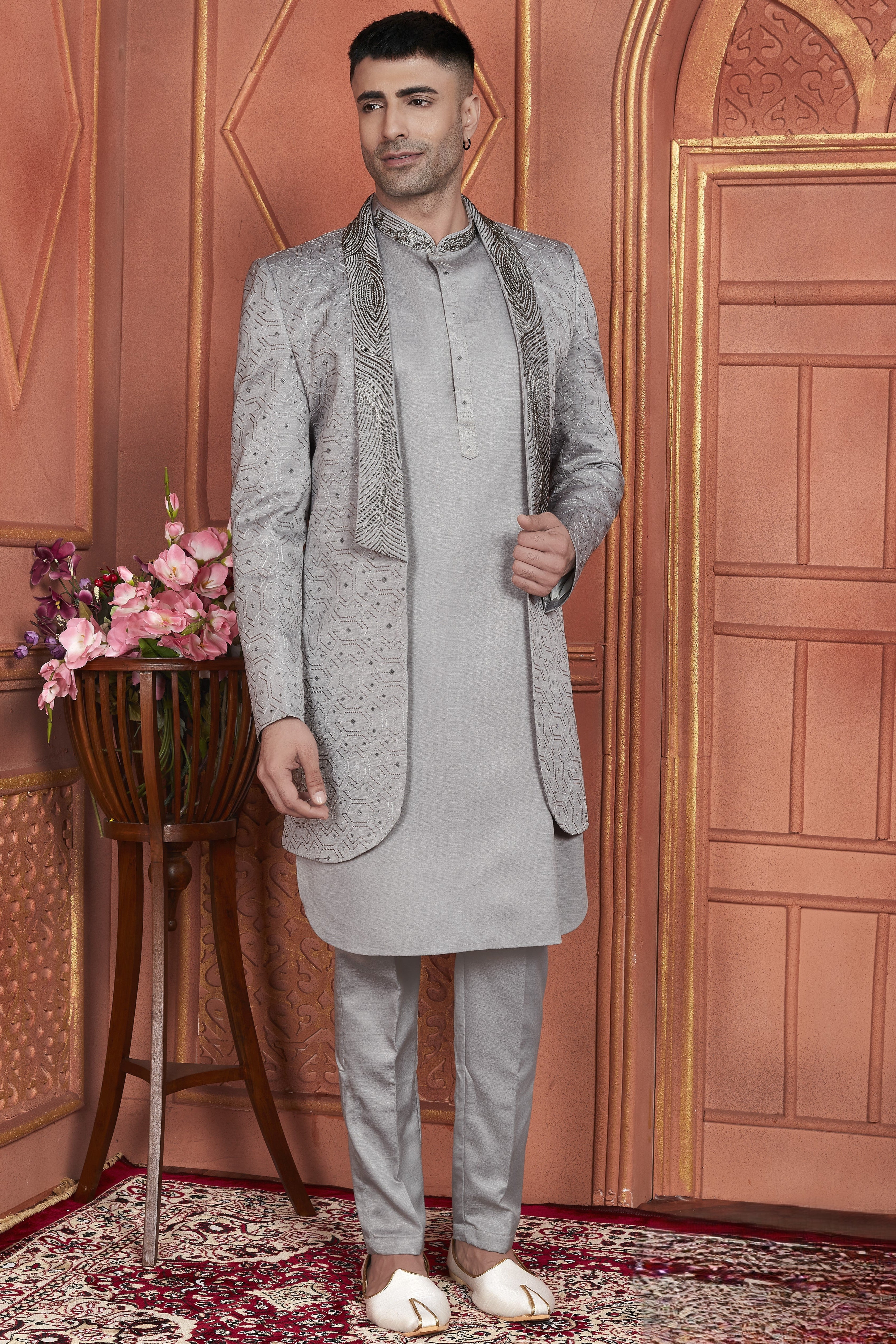 Gray Art Silk Indo Western Traditional Sherwani Kurta with Jacket & Pant for Men for Wedding - Thread Embroidery Work