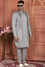 Gray Art Silk Indo Western Traditional Sherwani Kurta with Jacket & Pant for Men for Wedding - Thread Embroidery Work