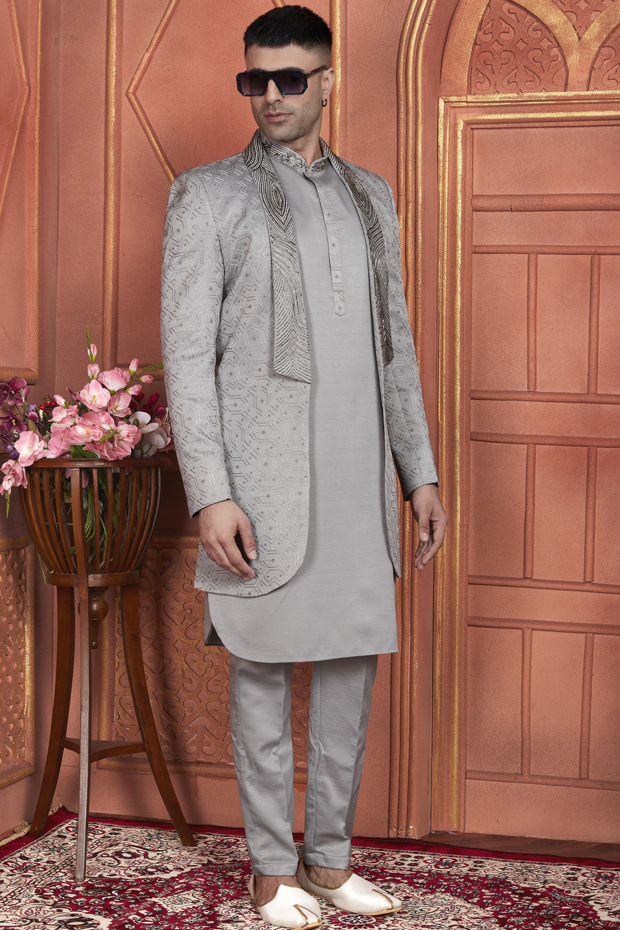 Gray Art Silk Indo Western Traditional Sherwani Kurta with Jacket & Pant for Men for Wedding - Thread Embroidery Work