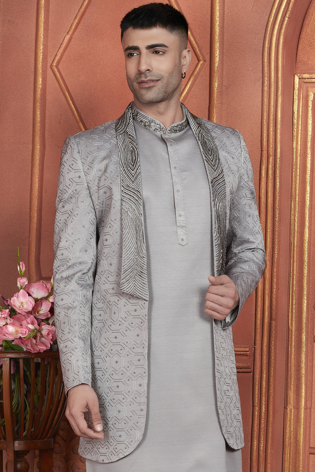 Gray Art Silk Indo Western Traditional Sherwani Kurta with Jacket & Pant for Men for Wedding - Thread Embroidery Work