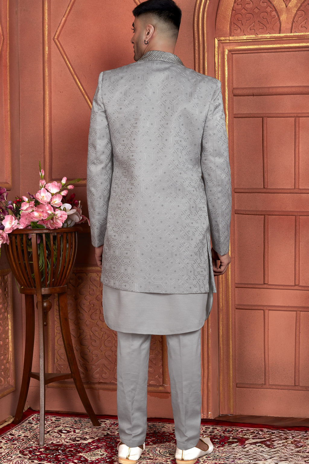 Gray Art Silk Indo Western Traditional Sherwani Kurta with Jacket & Pant for Men for Wedding - Thread Embroidery Work