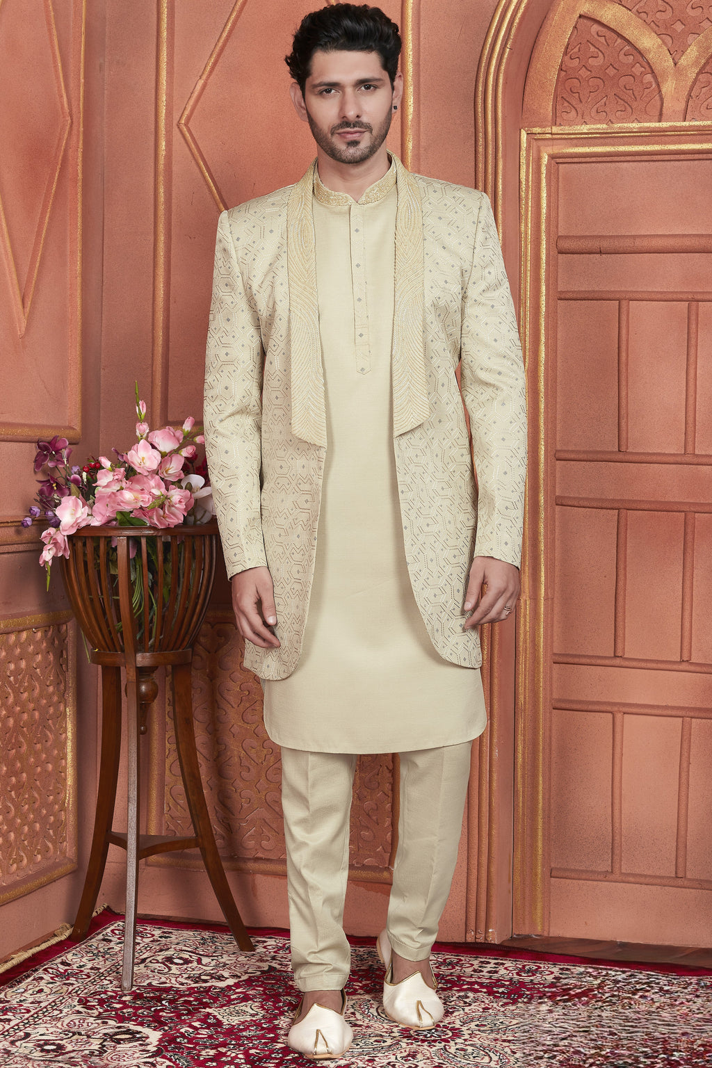 Beige Art Silk Indo Western Traditional Sherwani Kurta with Jacket & Pant for Men for Wedding - Thread Embroidery Work