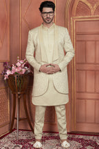 Beige Art Silk Indo Western Traditional Sherwani Kurta with Jacket & Pant for Men for Wedding - Thread Embroidery Work