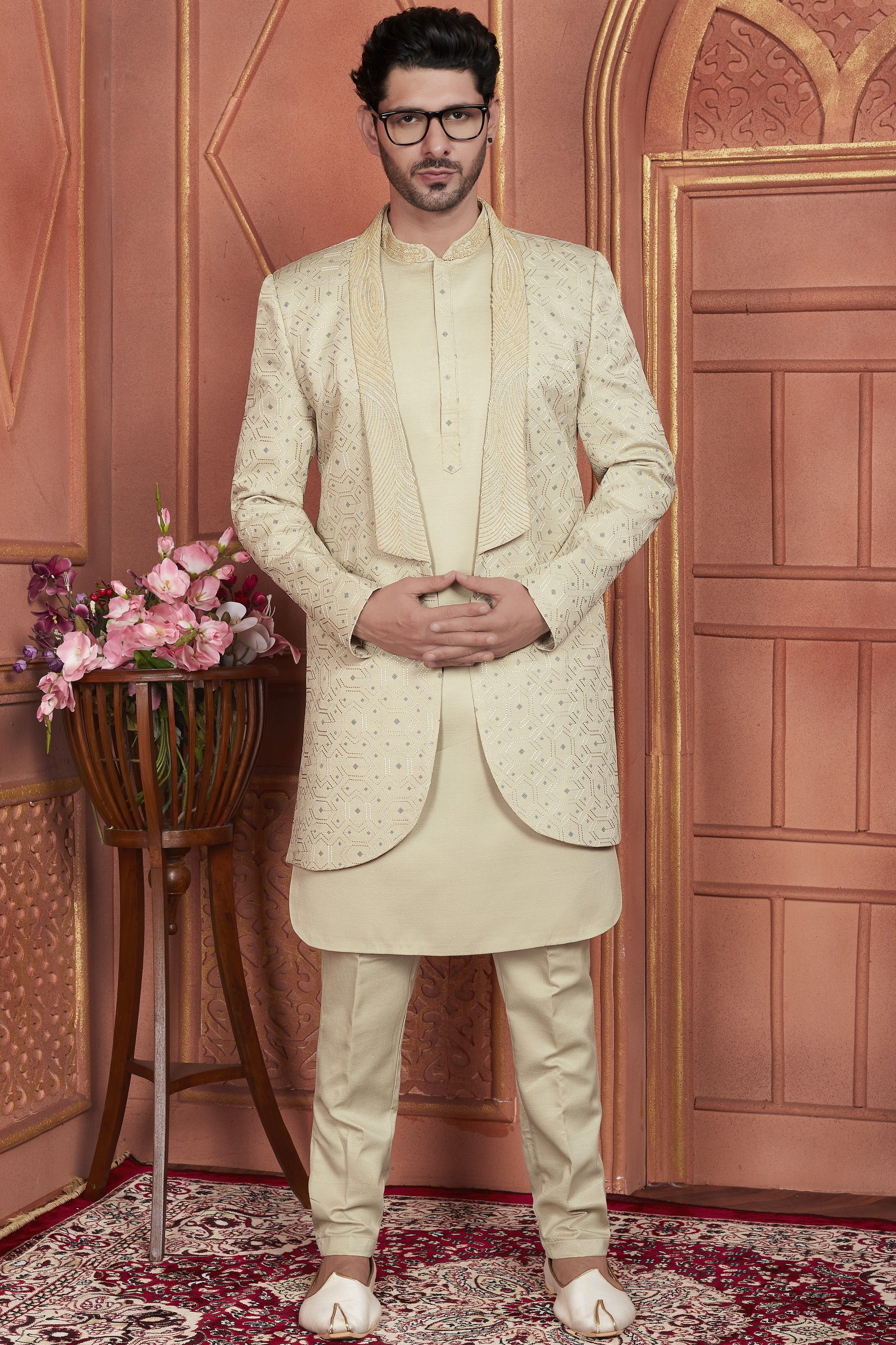 Beige Art Silk Indo Western Traditional Sherwani Kurta with Jacket & Pant for Men for Wedding - Thread Embroidery Work
