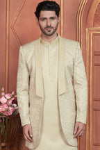 Beige Art Silk Indo Western Traditional Sherwani Kurta with Jacket & Pant for Men for Wedding - Thread Embroidery Work