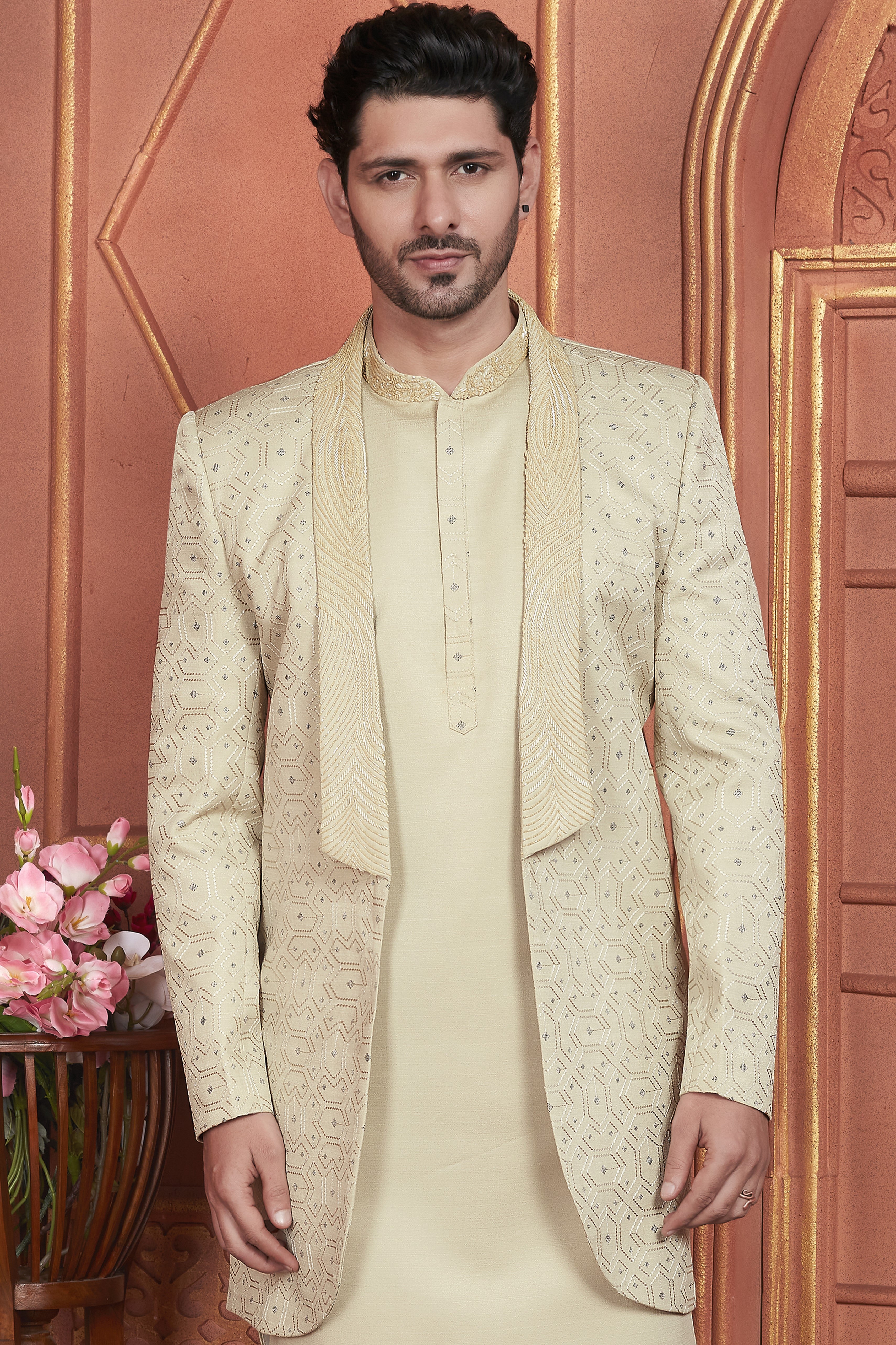 Beige Art Silk Indo Western Traditional Sherwani Kurta with Jacket & Pant for Men for Wedding - Thread Embroidery Work
