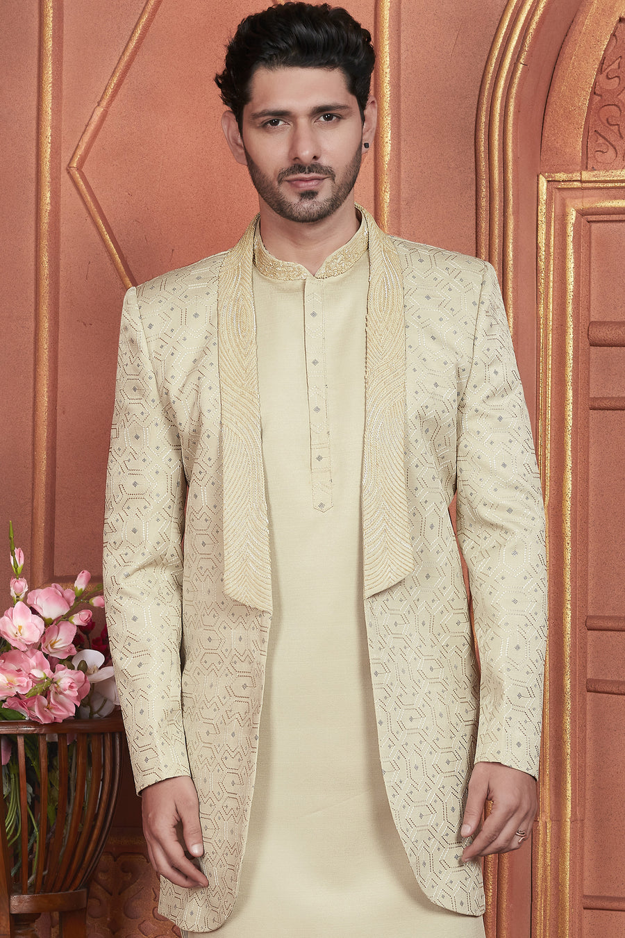 Beige Art Silk Indo Western Traditional Sherwani Kurta with Jacket & Pant for Men for Wedding - Thread Embroidery Work