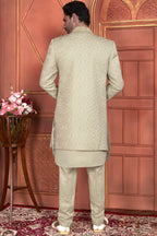 Beige Art Silk Indo Western Traditional Sherwani Kurta with Jacket & Pant for Men for Wedding - Thread Embroidery Work