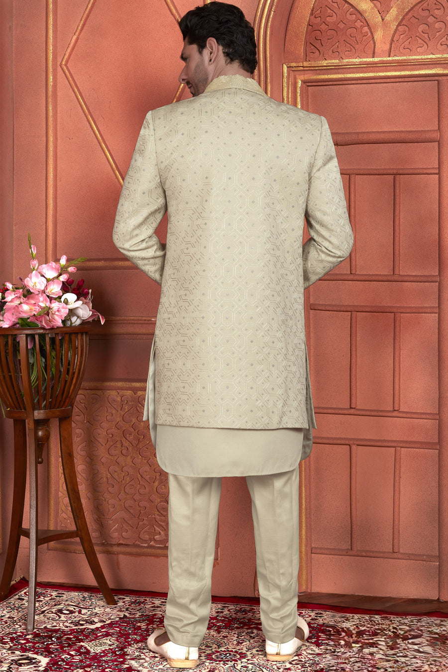 Beige Art Silk Indo Western Traditional Sherwani Kurta with Jacket & Pant for Men for Wedding - Thread Embroidery Work