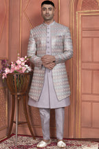Light Purple Art Silk Indo Western Traditional Sherwani Kurta with Jacket & Pant for Men for Wedding - Thread Embroidery Work