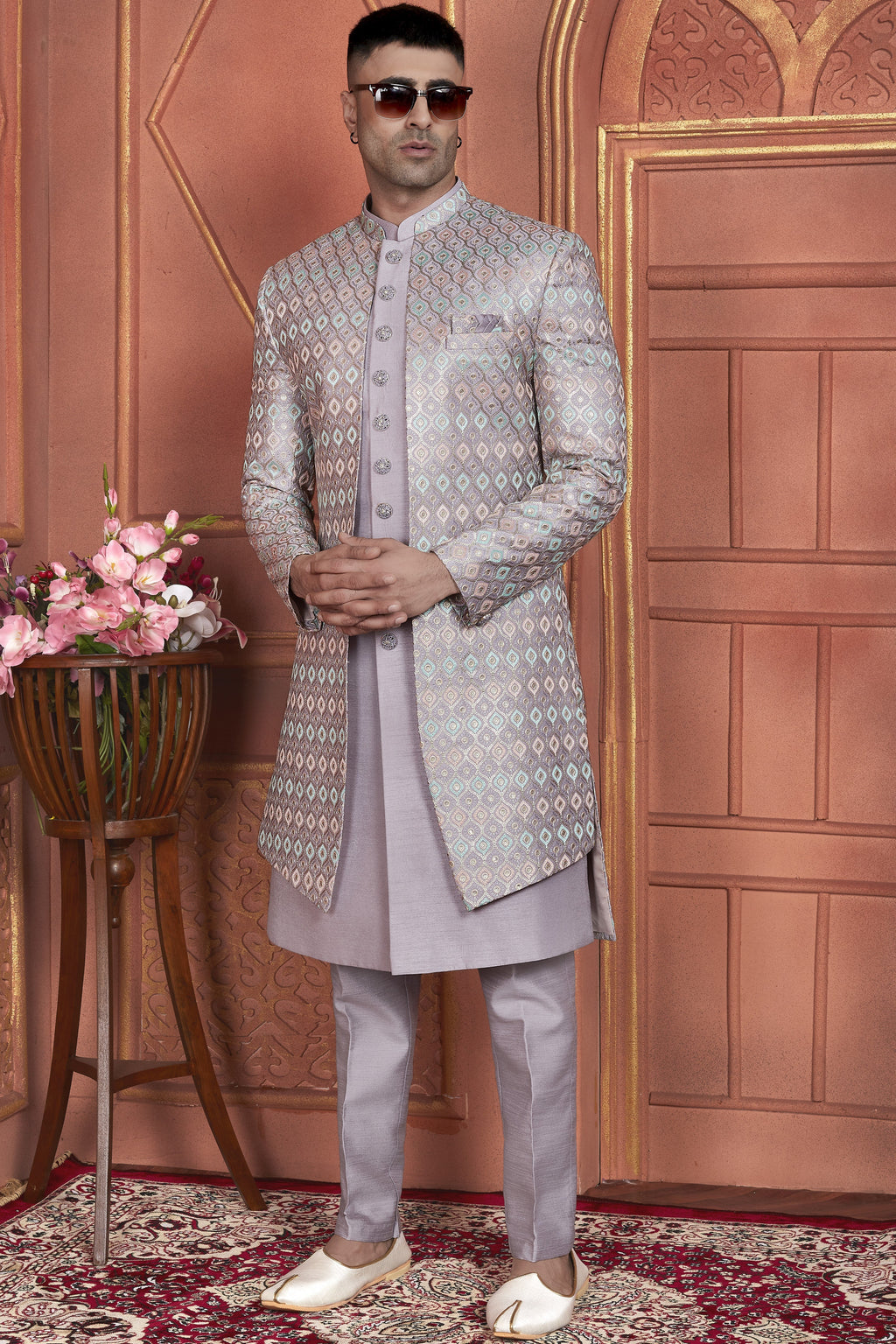 Light Purple Art Silk Indo Western Traditional Sherwani Kurta with Jacket & Pant for Men for Wedding - Thread Embroidery Work