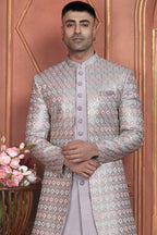Light Purple Art Silk Indo Western Traditional Sherwani Kurta with Jacket & Pant for Men for Wedding - Thread Embroidery Work