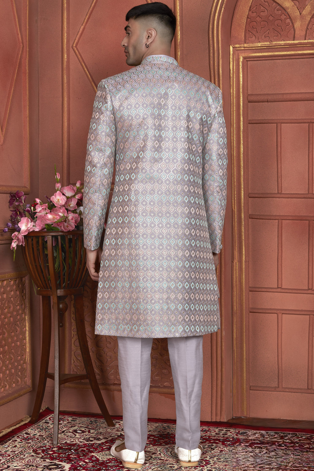 Light Purple Art Silk Indo Western Traditional Sherwani Kurta with Jacket & Pant for Men for Wedding - Thread Embroidery Work