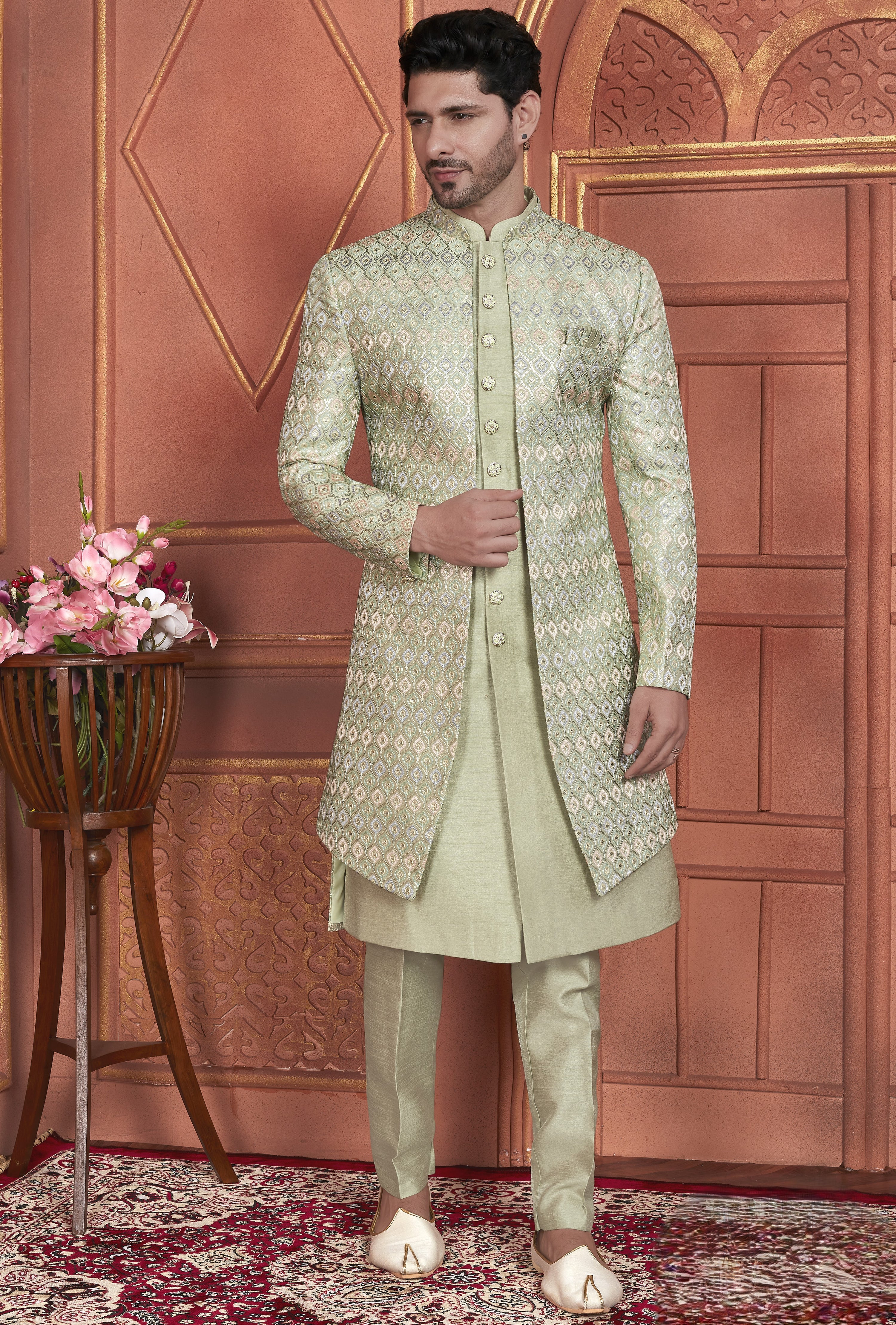Light Green Art Silk Indo Western Traditional Sherwani Kurta with Jacket & Pant for Men for Wedding - Thread Embroidery Work