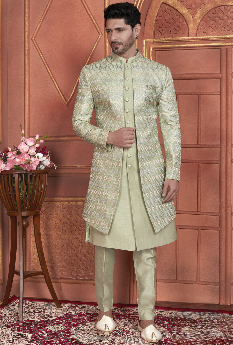 Light Green Art Silk Indo Western Traditional Sherwani Kurta with Jacket & Pant for Men for Wedding - Thread Embroidery Work