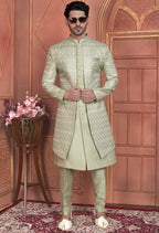 Light Green Art Silk Indo Western Traditional Sherwani Kurta with Jacket & Pant for Men for Wedding - Thread Embroidery Work