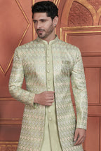 Light Green Art Silk Indo Western Traditional Sherwani Kurta with Jacket & Pant for Men for Wedding - Thread Embroidery Work