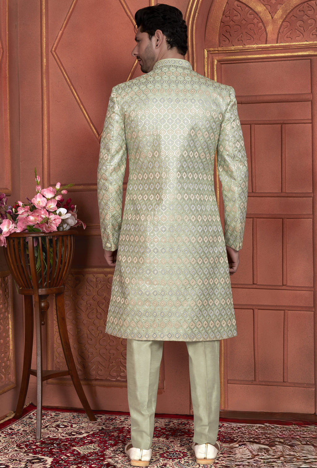 Light Green Art Silk Indo Western Traditional Sherwani Kurta with Jacket & Pant for Men for Wedding - Thread Embroidery Work