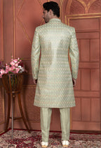 Light Green Art Silk Indo Western Traditional Sherwani Kurta with Jacket & Pant for Men for Wedding - Thread Embroidery Work