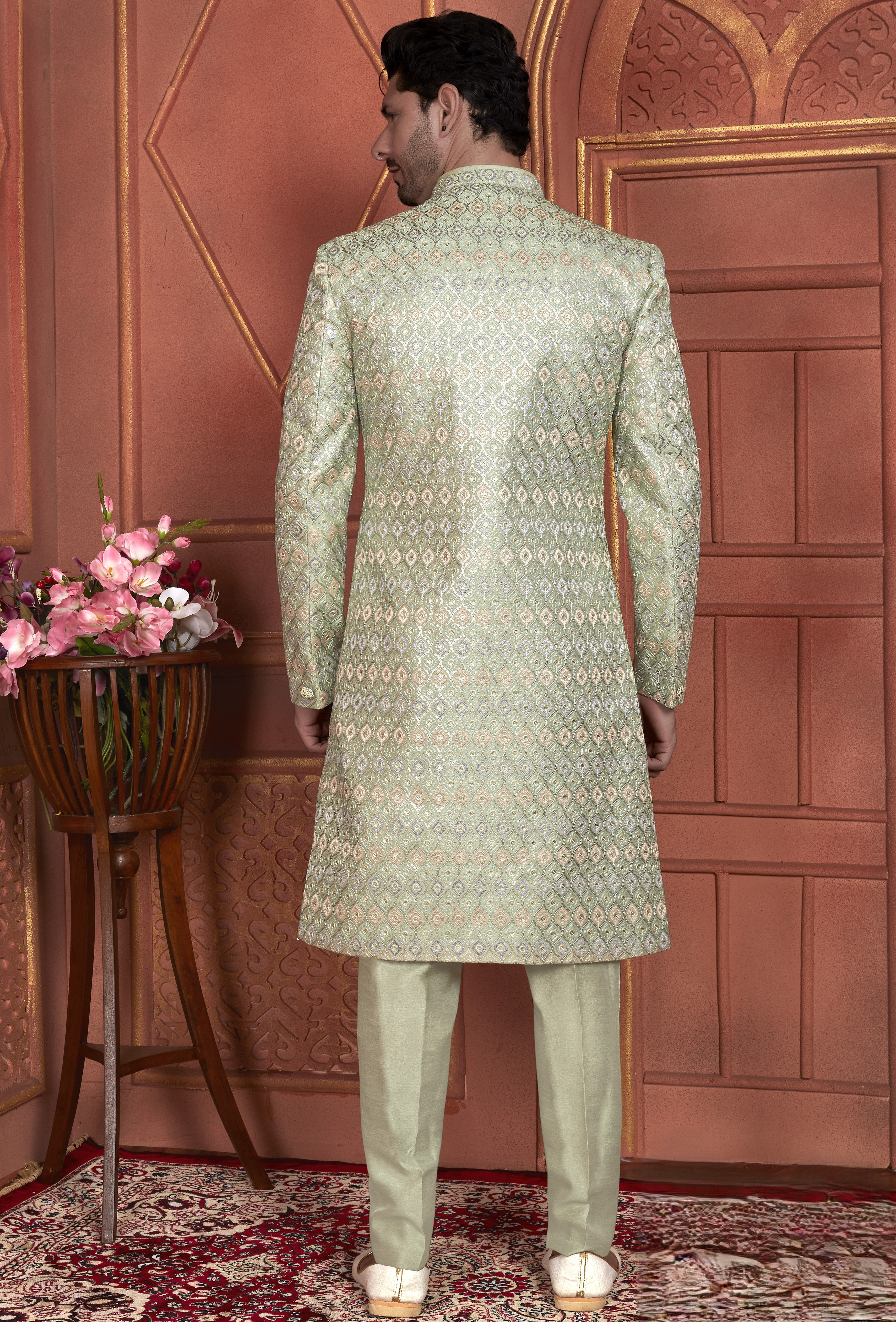 Light Green Art Silk Indo Western Traditional Sherwani Kurta with Jacket & Pant for Men for Wedding - Thread Embroidery Work