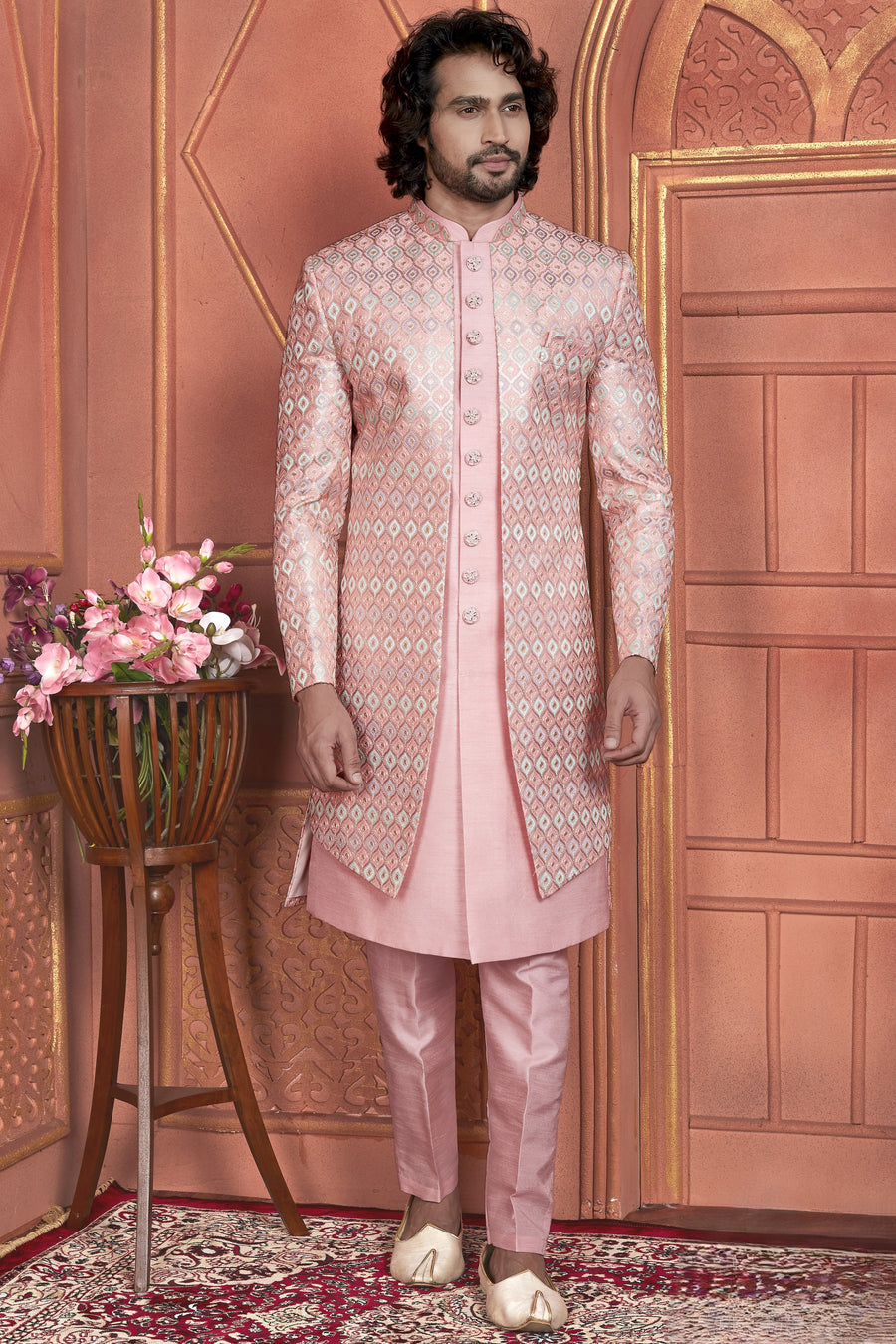 Pink Art Silk Indo Western Traditional Sherwani Kurta with Jacket & Pant for Men for Wedding - Thread Embroidery Work