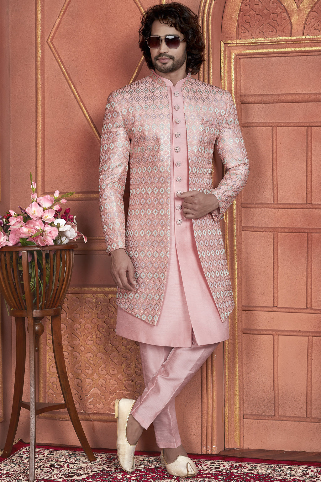 Pink Art Silk Indo Western Traditional Sherwani Kurta with Jacket & Pant for Men for Wedding - Thread Embroidery Work