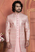 Pink Art Silk Indo Western Traditional Sherwani Kurta with Jacket & Pant for Men for Wedding - Thread Embroidery Work