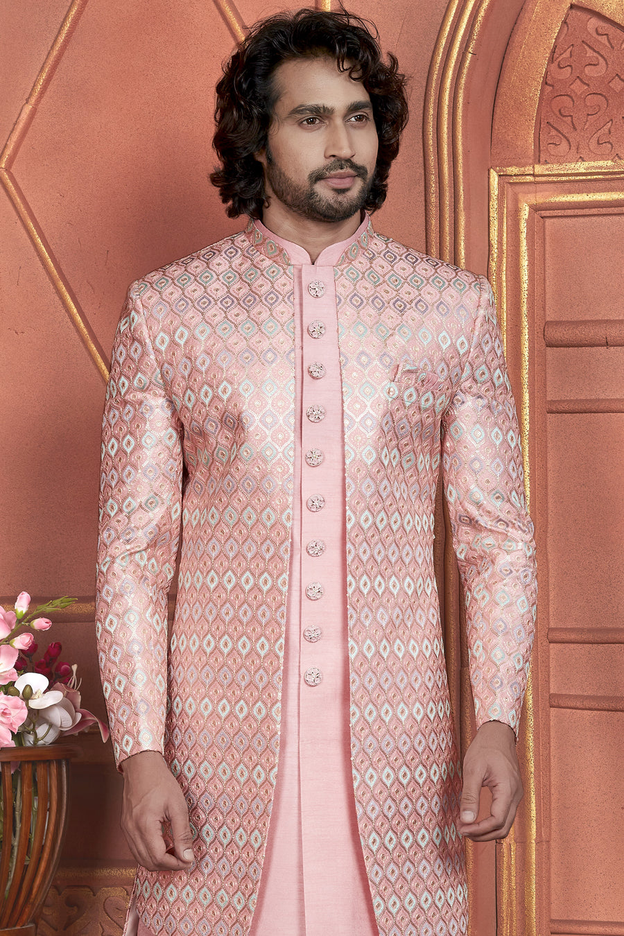 Pink Art Silk Indo Western Traditional Sherwani Kurta with Jacket & Pant for Men for Wedding - Thread Embroidery Work