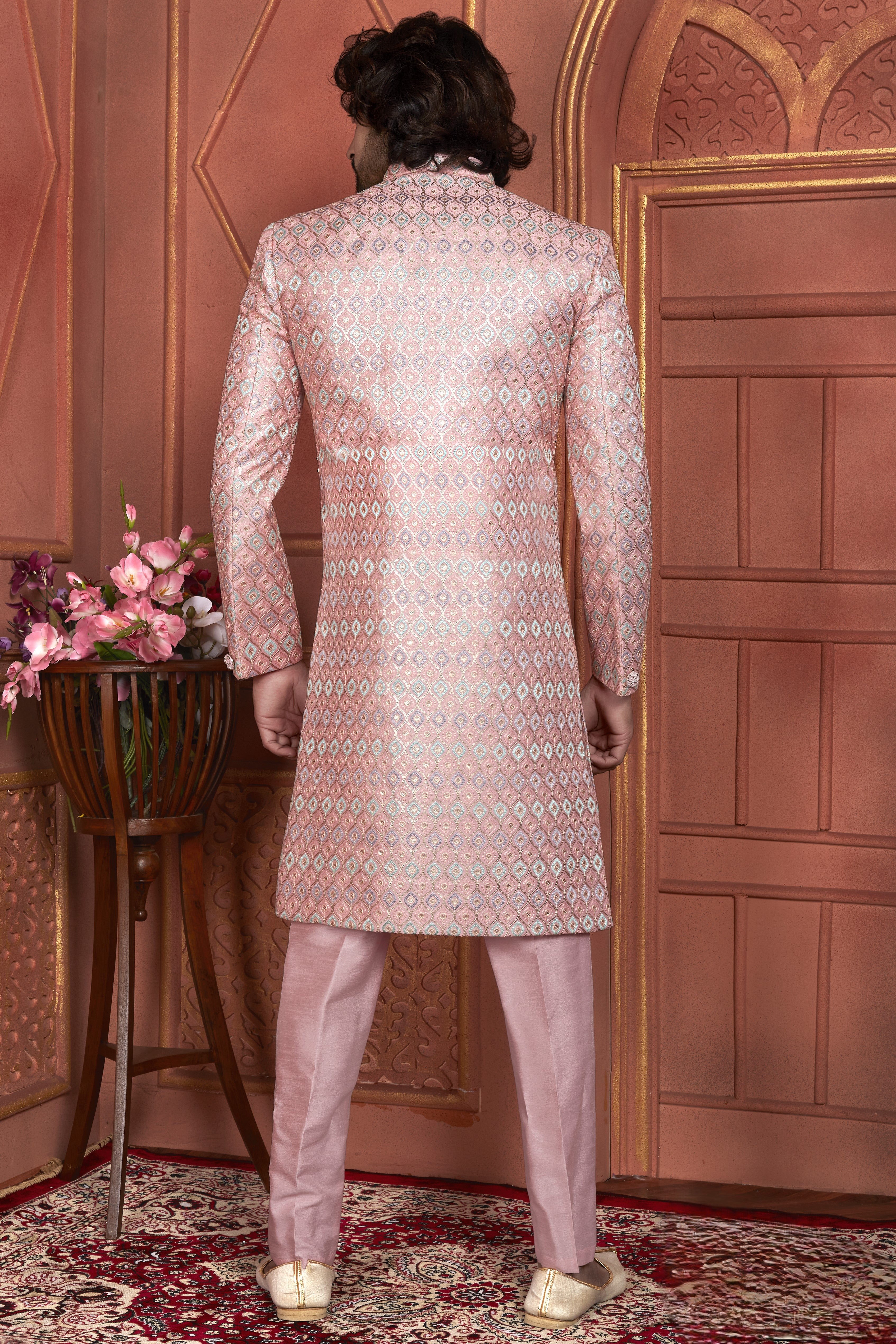 Pink Art Silk Indo Western Traditional Sherwani Kurta with Jacket & Pant for Men for Wedding - Thread Embroidery Work
