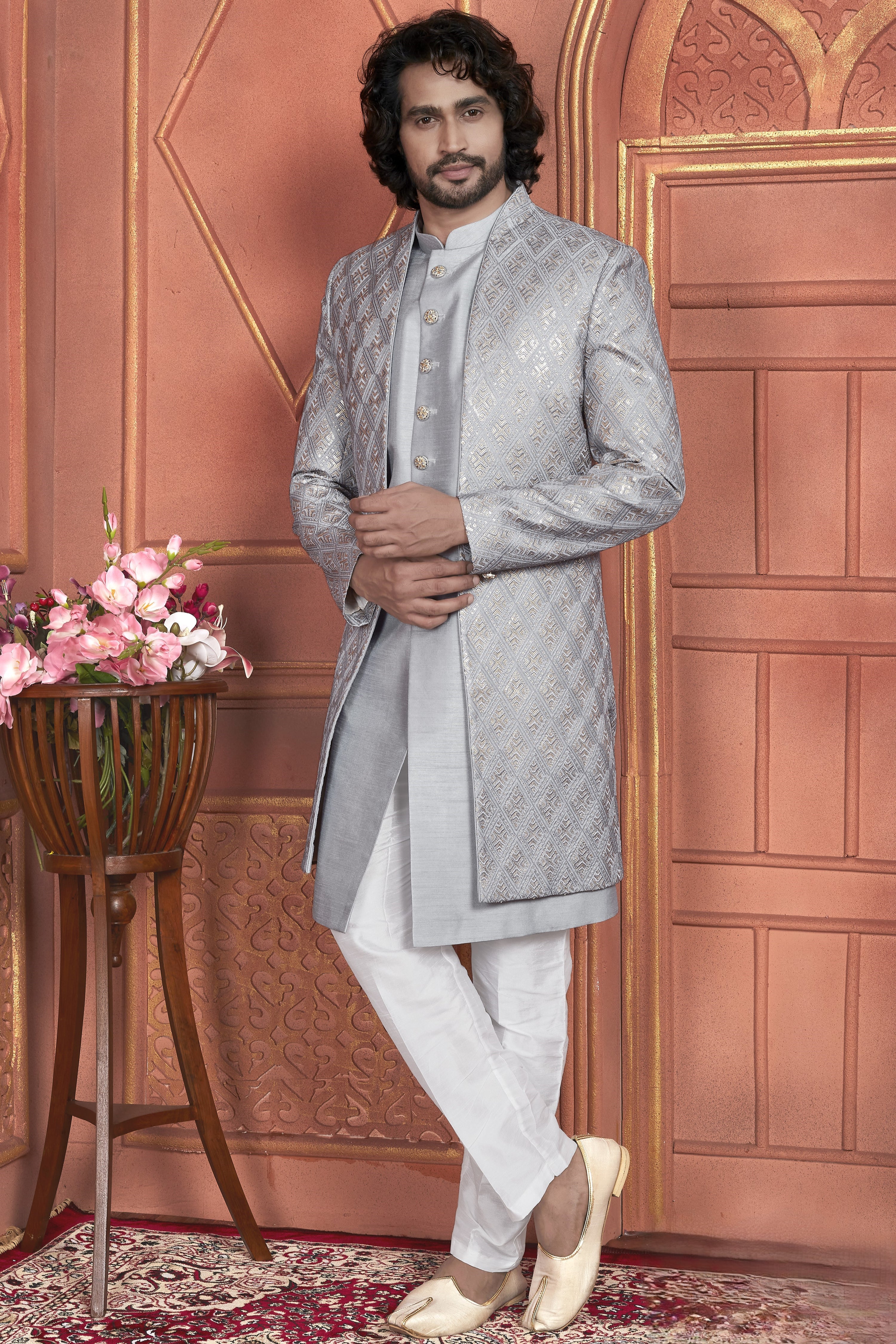 Gray Art Silk Indo Western Traditional Sherwani Kurta with Jacket & Pant for Men for Wedding - Thread Embroidery Work