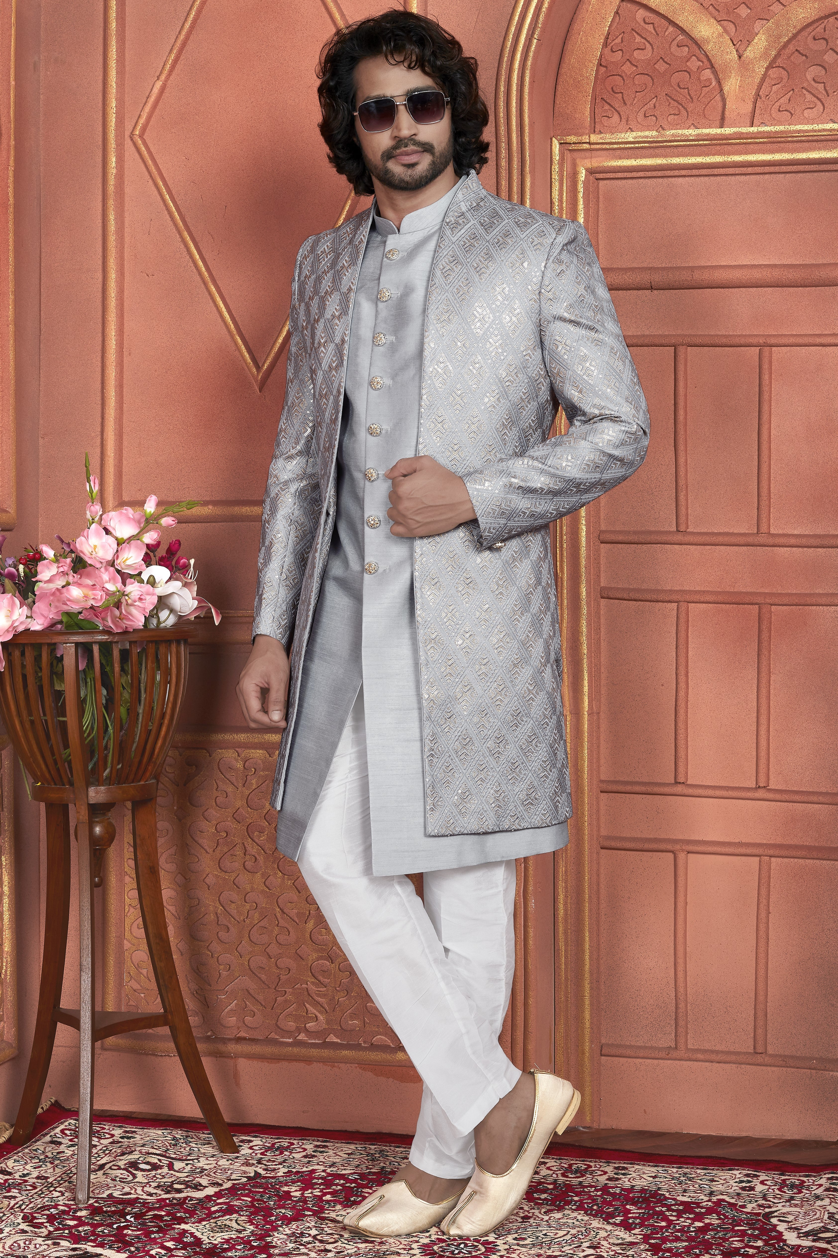 Gray Art Silk Indo Western Traditional Sherwani Kurta with Jacket & Pant for Men for Wedding - Thread Embroidery Work