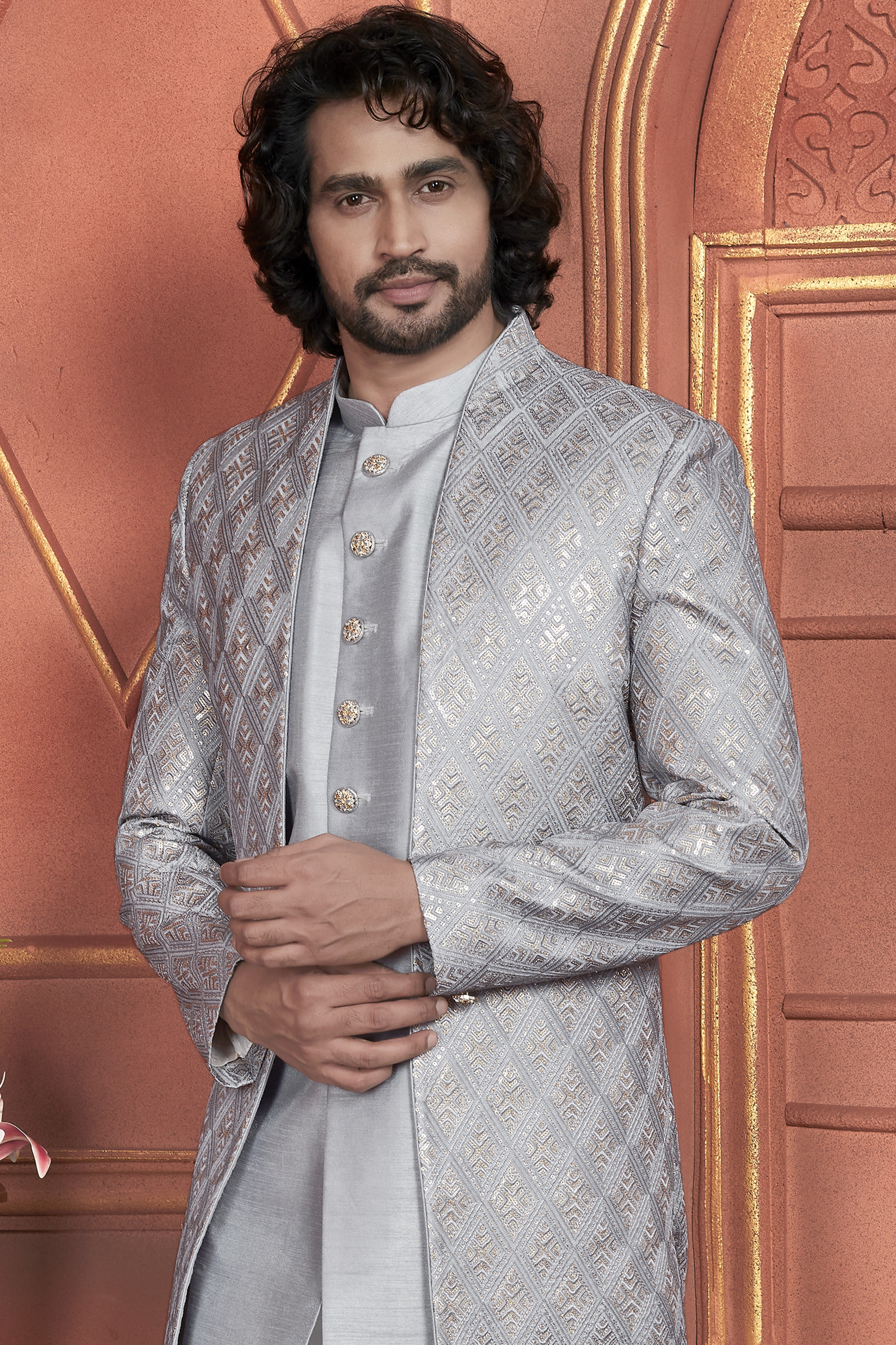 Gray Art Silk Indo Western Traditional Sherwani Kurta with Jacket & Pant for Men for Wedding - Thread Embroidery Work
