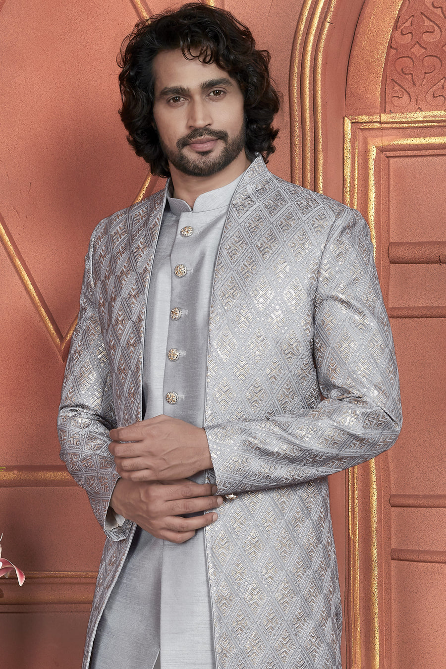 Gray Art Silk Indo Western Traditional Sherwani Kurta with Jacket & Pant for Men for Wedding - Thread Embroidery Work