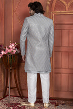 Gray Art Silk Indo Western Traditional Sherwani Kurta with Jacket & Pant for Men for Wedding - Thread Embroidery Work