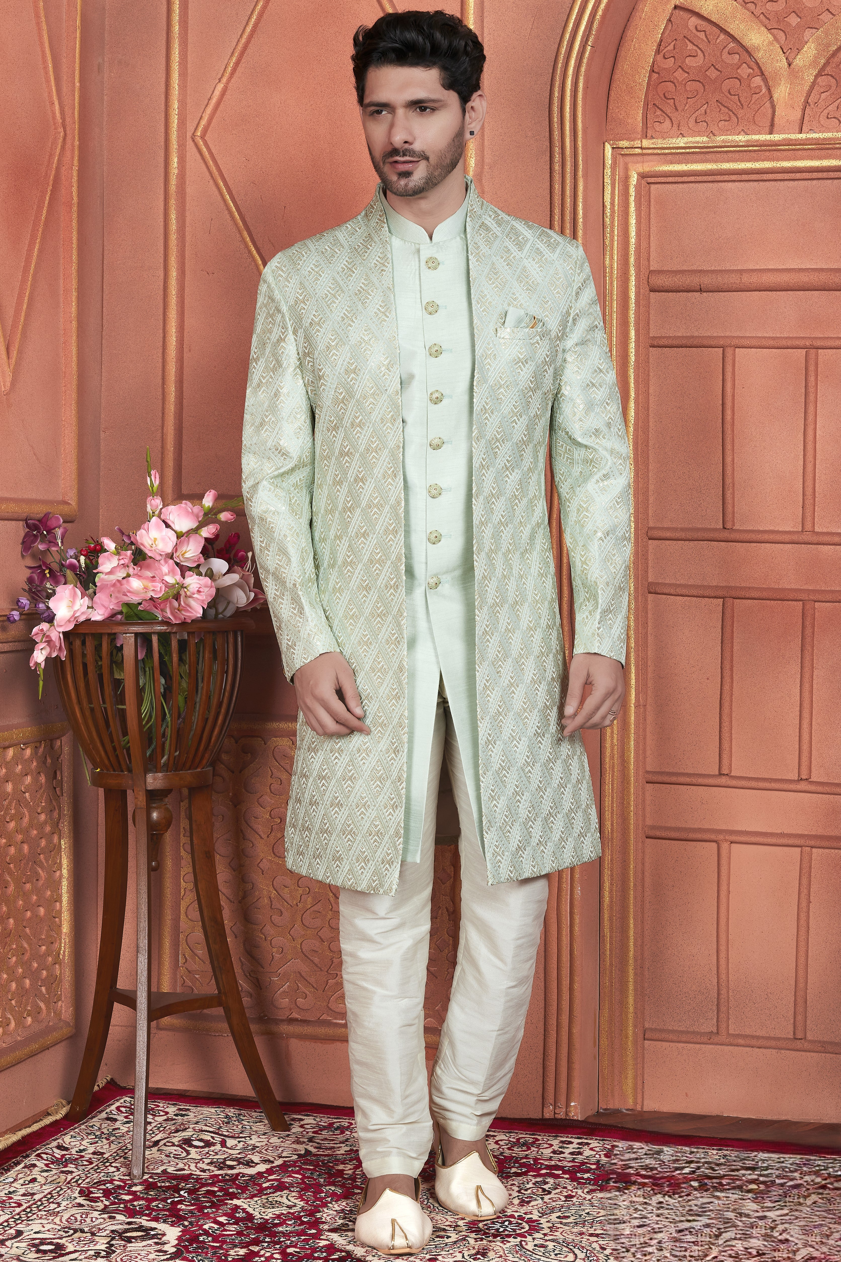 Pista Green Art Silk Indo Western Traditional Sherwani Kurta with Jacket & Pant for Men for Wedding - Thread Embroidery Work