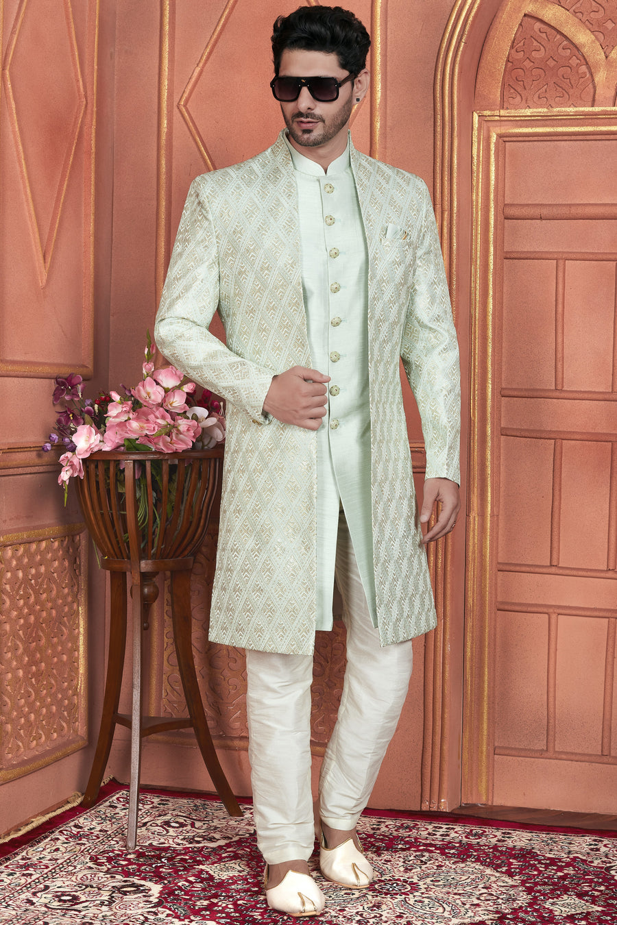Pista Green Art Silk Indo Western Traditional Sherwani Kurta with Jacket & Pant for Men for Wedding - Thread Embroidery Work