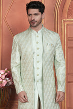 Pista Green Art Silk Indo Western Traditional Sherwani Kurta with Jacket & Pant for Men for Wedding - Thread Embroidery Work