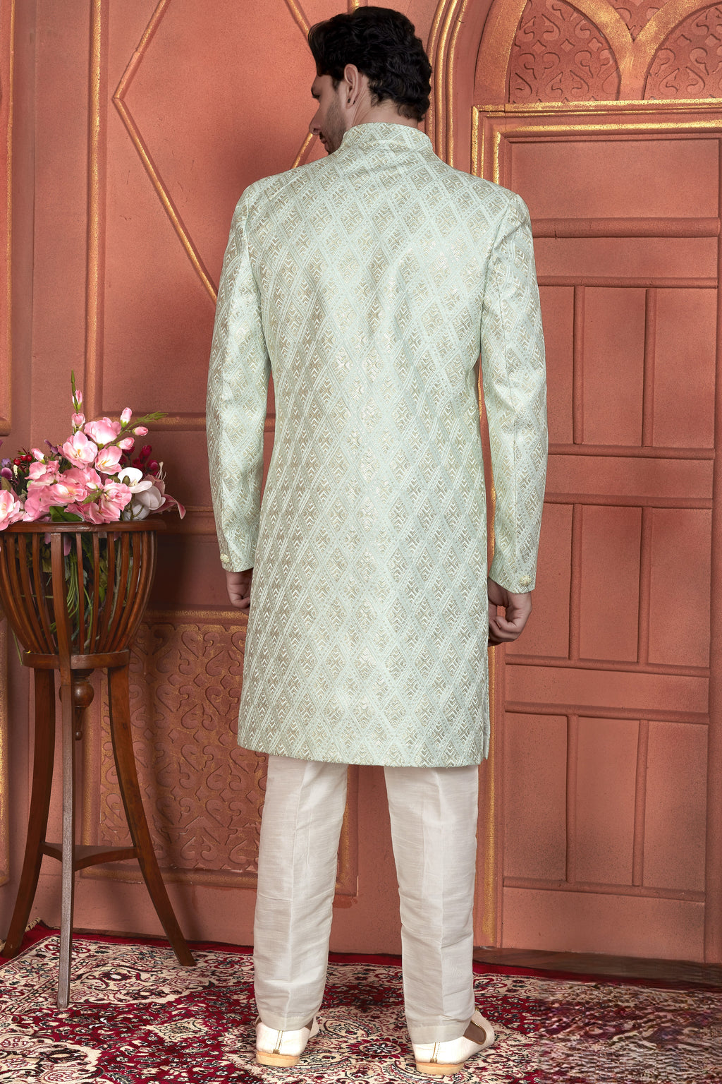 Pista Green Art Silk Indo Western Traditional Sherwani Kurta with Jacket & Pant for Men for Wedding - Thread Embroidery Work