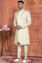 Cream Art Silk Indo Western Traditional Sherwani Kurta with Jacket & Pant for Men for Wedding - Thread Embroidery Work