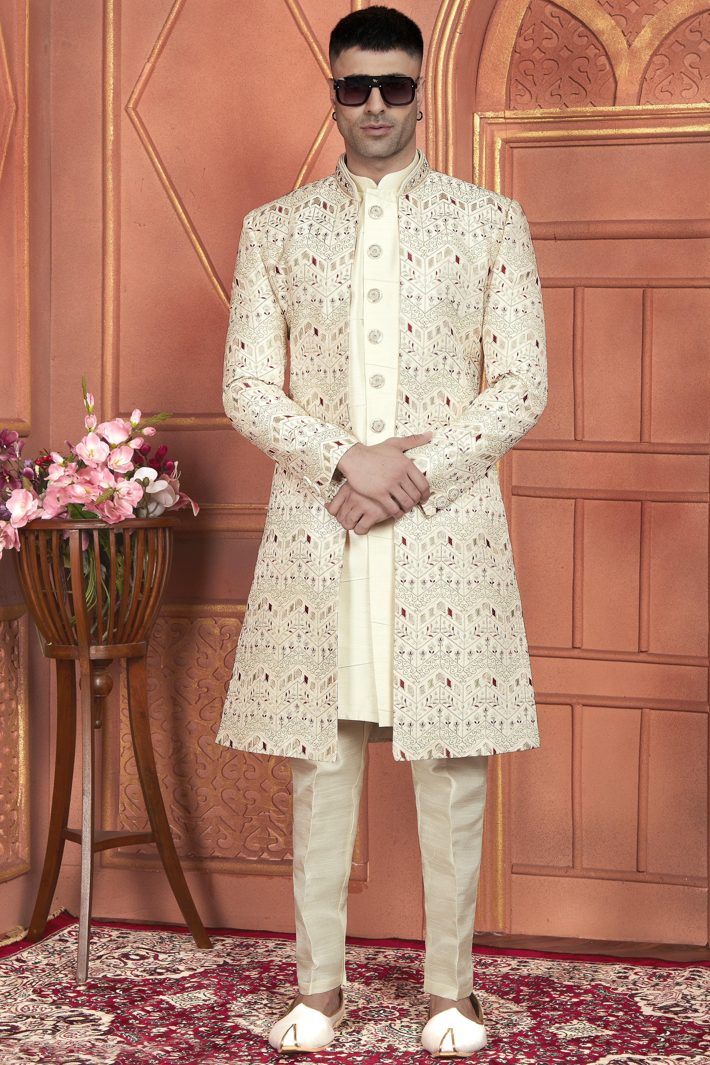 Cream Art Silk Indo Western Traditional Sherwani Kurta with Jacket & Pant for Men for Wedding - Thread Embroidery Work