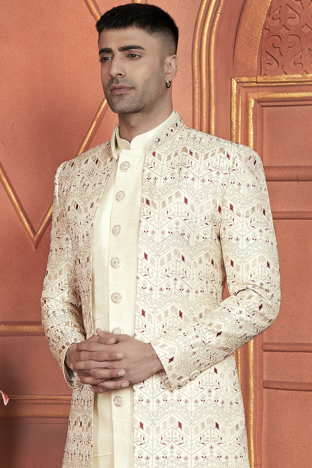 Cream Art Silk Indo Western Traditional Sherwani Kurta with Jacket & Pant for Men for Wedding - Thread Embroidery Work