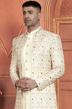 Cream Art Silk Indo Western Traditional Sherwani Kurta with Jacket & Pant for Men for Wedding - Thread Embroidery Work