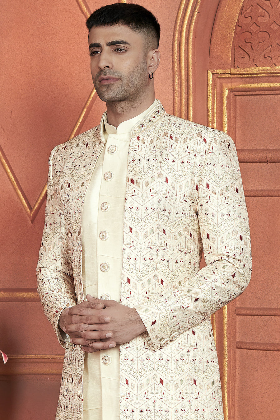 Cream Art Silk Indo Western Traditional Sherwani Kurta with Jacket & Pant for Men for Wedding - Thread Embroidery Work