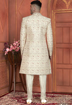 Cream Art Silk Indo Western Traditional Sherwani Kurta with Jacket & Pant for Men for Wedding - Thread Embroidery Work