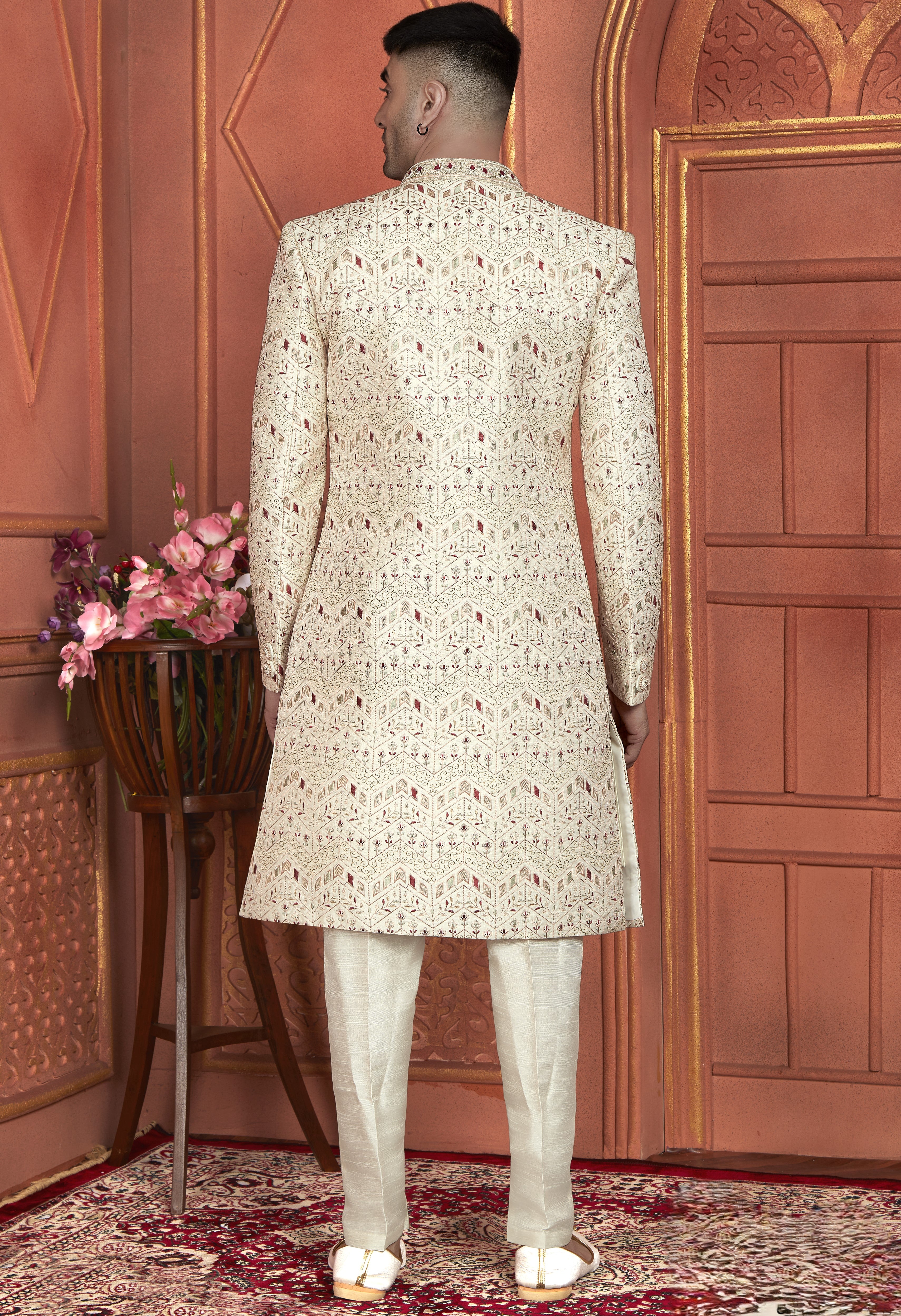 Cream Art Silk Indo Western Traditional Sherwani Kurta with Jacket & Pant for Men for Wedding - Thread Embroidery Work